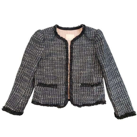Rebecca Taylor Tweed Ruffle Ribbon Hem Open Front Blazer Jacket Black White sz L - Picture 1 of 11
